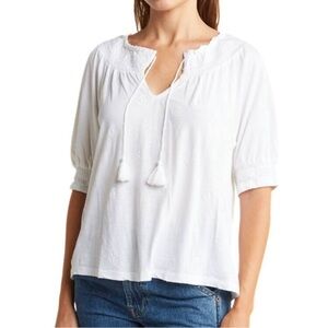 Lucky Brand White Embroidered Peasant Top Tassel Tie Smocked Neck Boho Blouse
